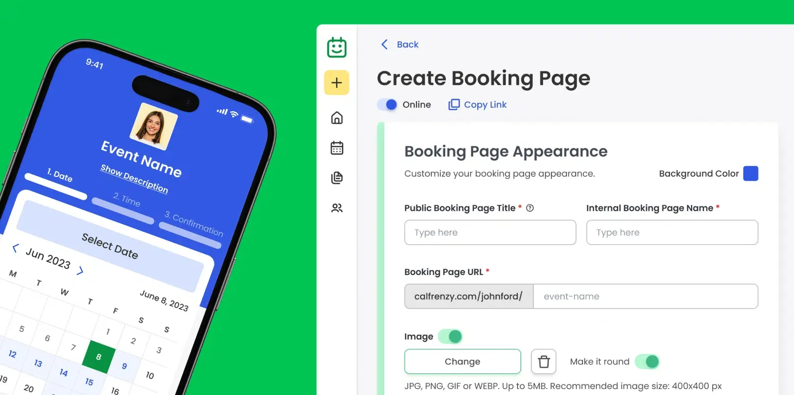 Calfrenzy booking interface on mobile and desktop, showing event scheduling calendar and customizable booking page appearance with URL, title, and image options.
