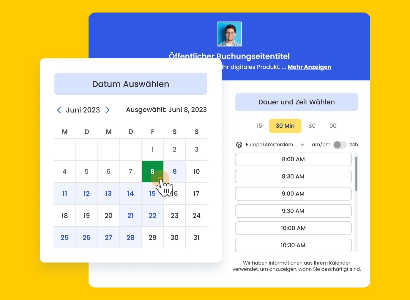 Anpassbare Buchungsseiten-Oberfläche, die es Kunden ermöglicht, Termine mühelos zu vereinbaren.