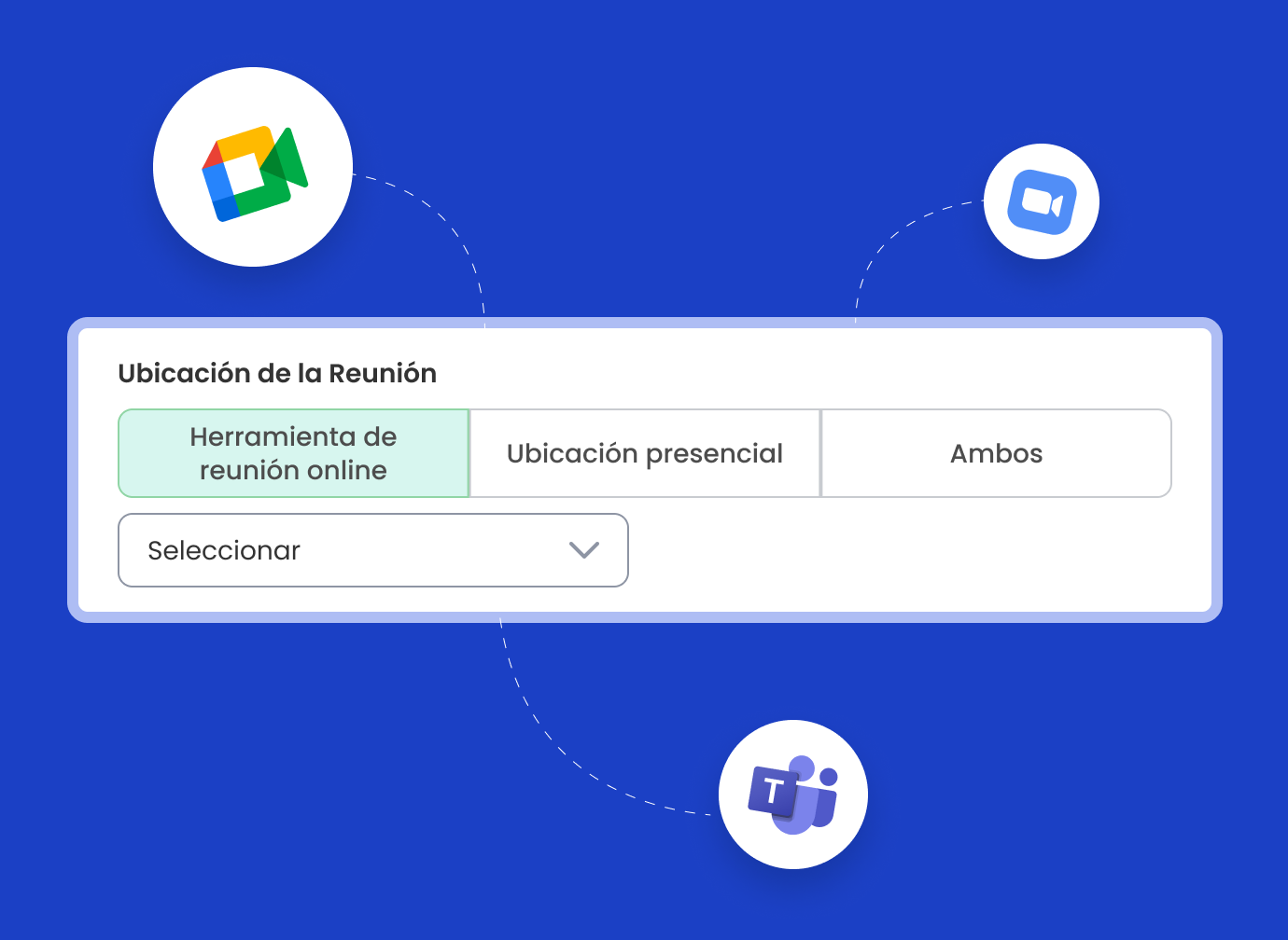 Imagen mostrando opciones de videoconferencia, incluyendo Zoom, Google Meet y Microsoft Teams. 