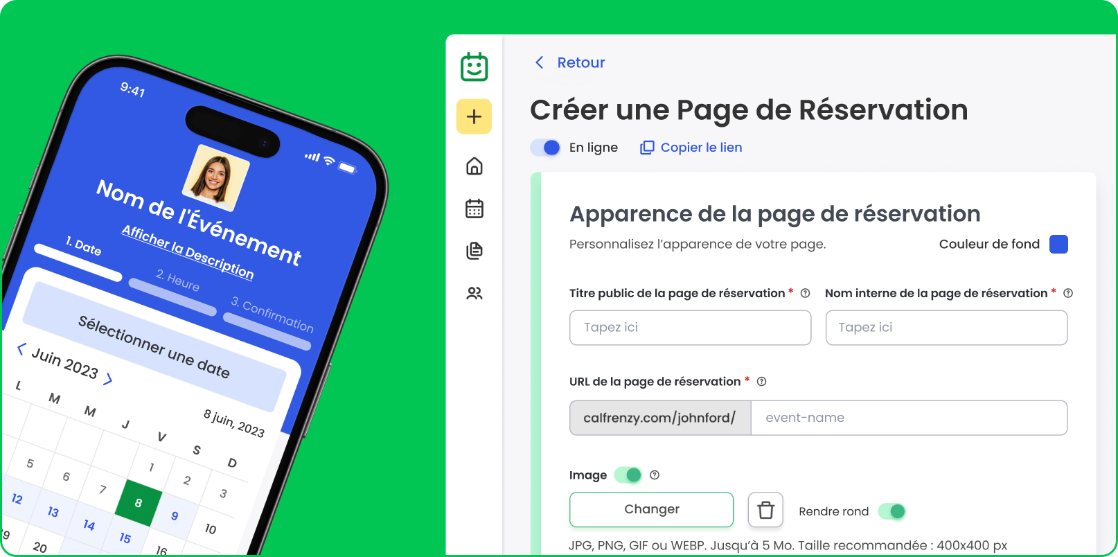 Interface de réservation Calfrenzy sur mobile et ordinateur, affichant un calendrier de planification d’événement et une page de réservation personnalisable avec options d’URL, de titre et d’image.