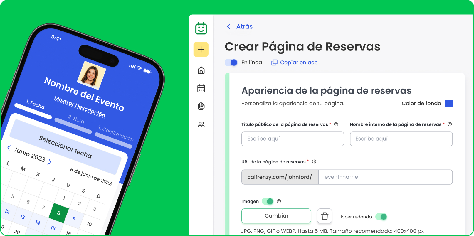 Interfaz de reservas de Calfrenzy en móvil y escritorio, mostrando el calendario de programación de eventos y una página de reservas personalizable con opciones de URL, título e imagen.