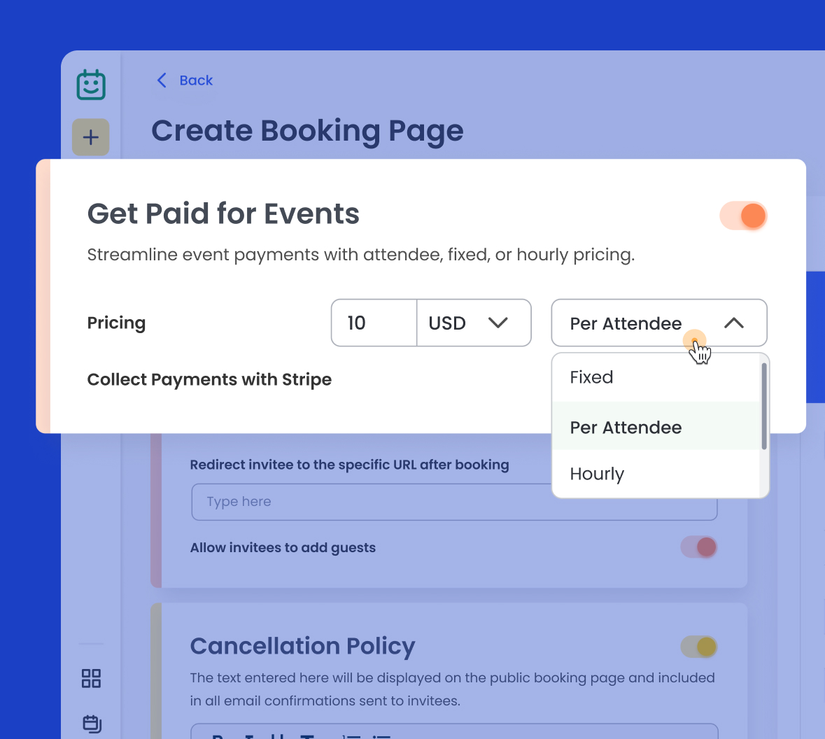 User selecting a payment method for Calfrenzy's scheduling software.