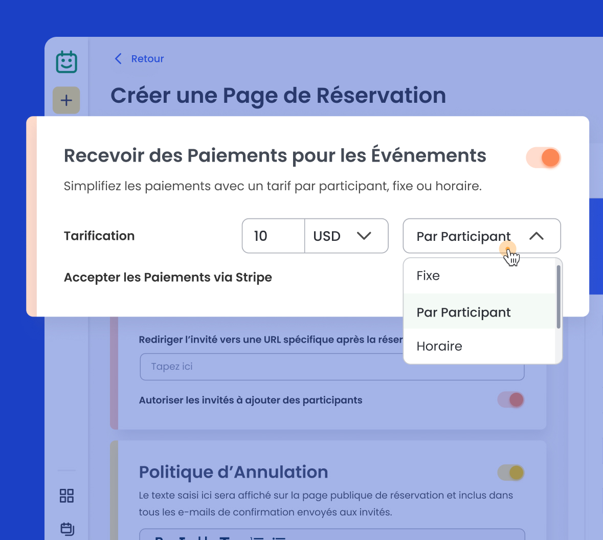 Utilisateur sélectionnant un mode de paiement pour le logiciel de planification de Calfrenzy.