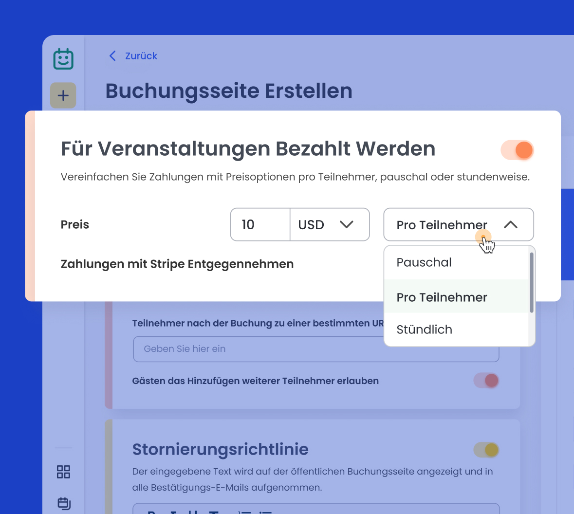 Nutzer wählt eine Zahlungsmethode für die Terminplanungssoftware von Calfrenzy.