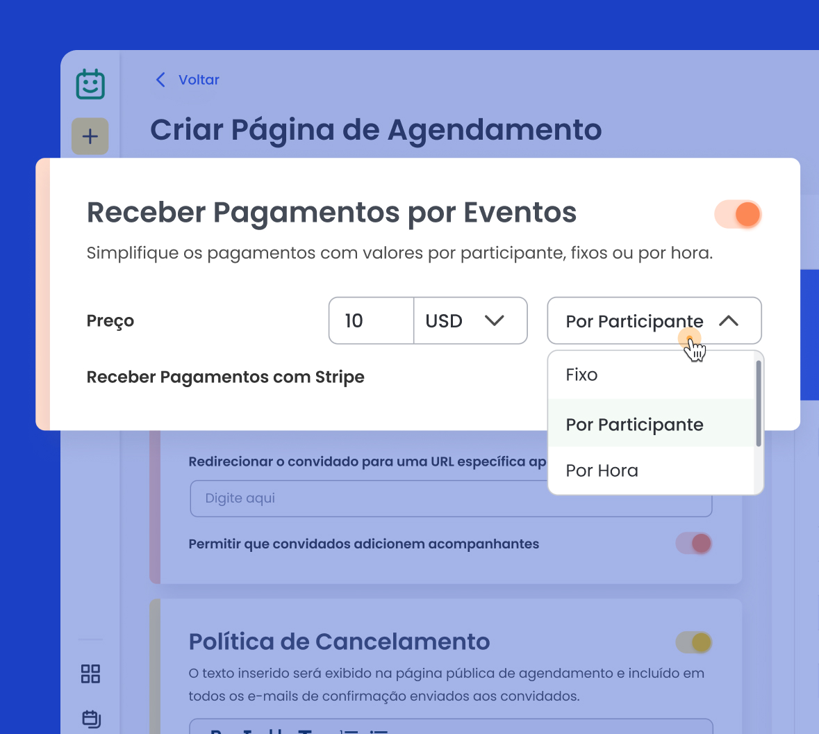 Usuário selecionando um método de pagamento no software de agendamento da Calfrenzy.