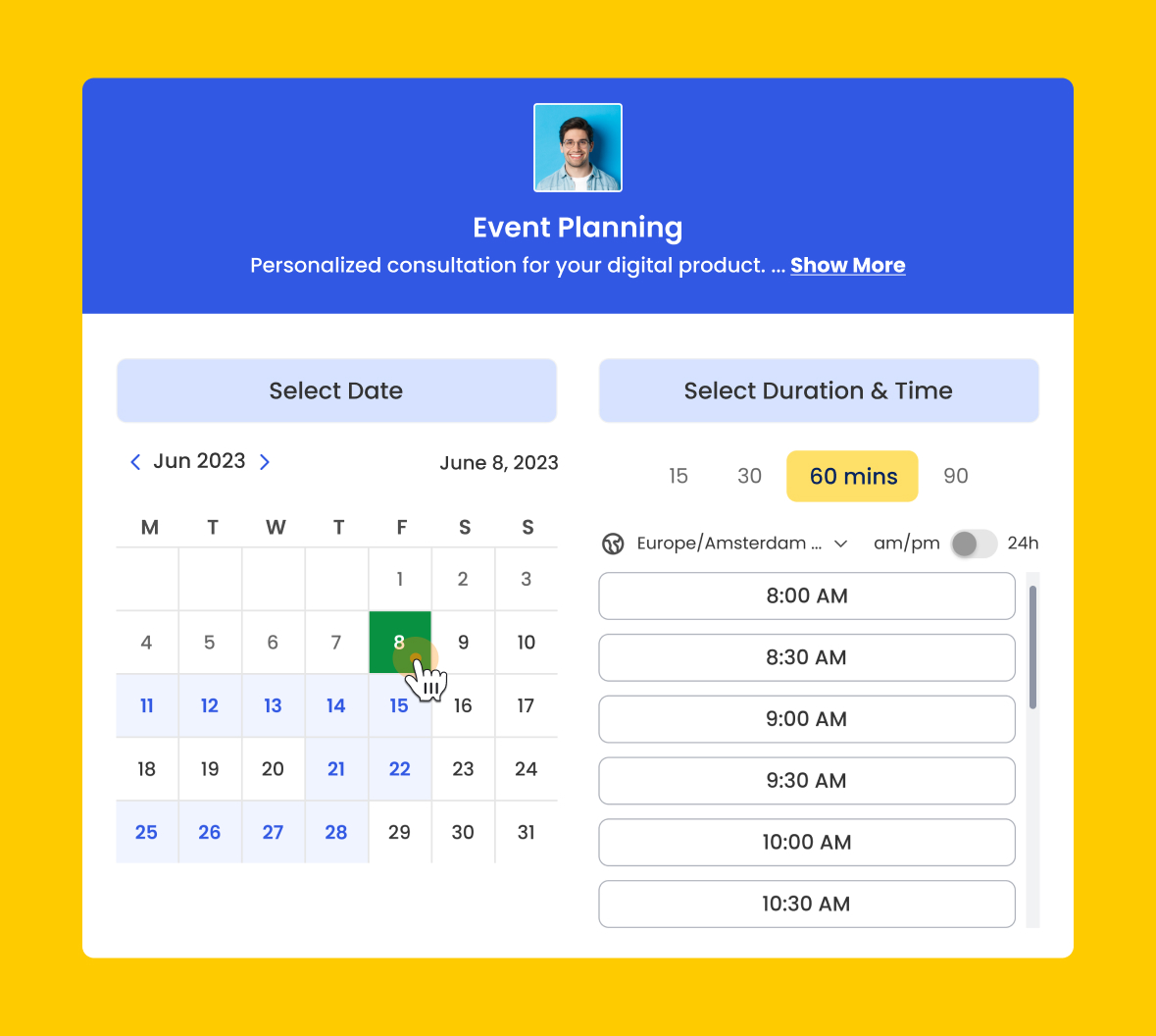 Customizable booking pages interface in Calfrenzy.