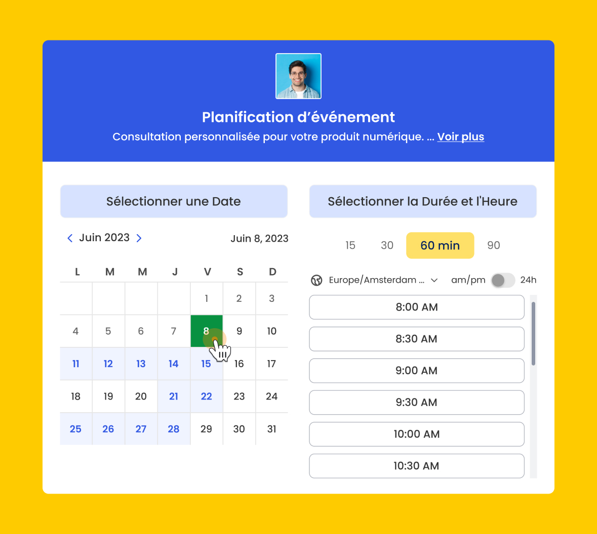 Interface des pages de réservation personnalisables dans Calfrenzy.