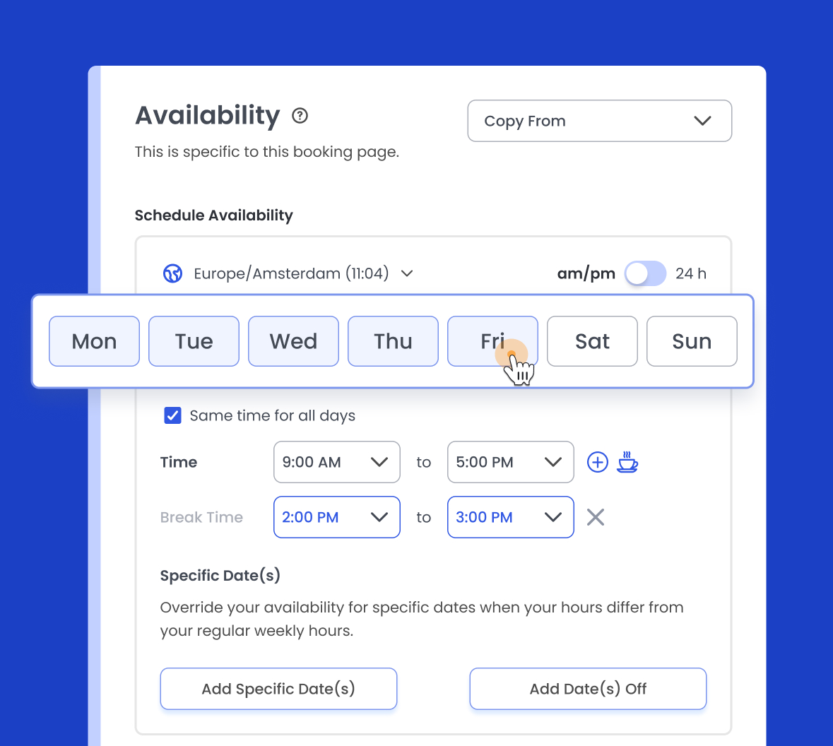 Setting custom availability in Calfrenzy's scheduling settings.