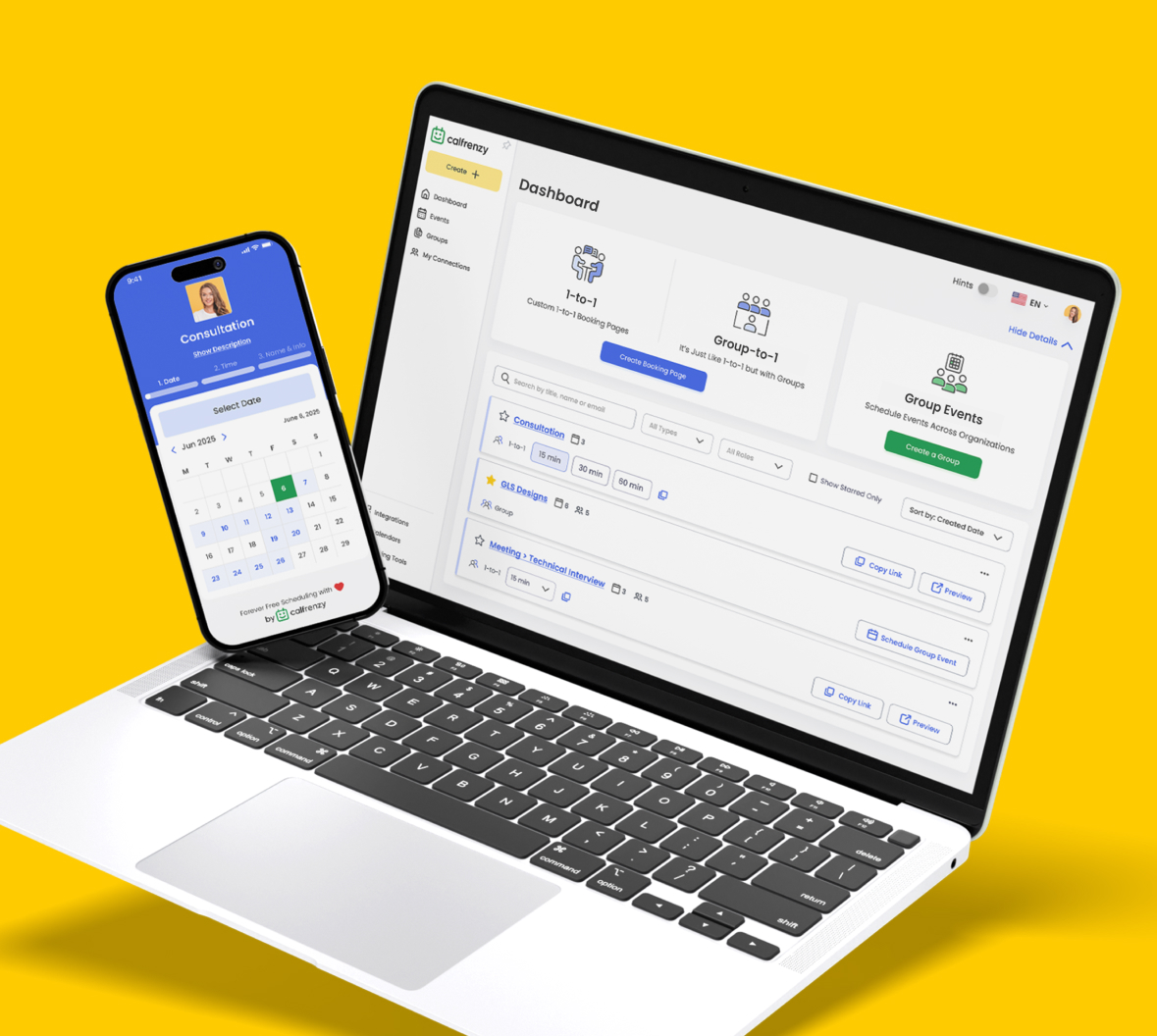 Calfrenzy interface displaying ease of access options across multiple devices for seamless scheduling.