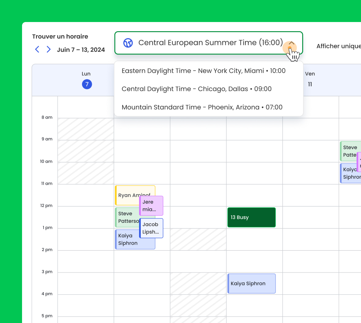 Interface de Calfrenzy affichant la planification avec des ajustements automatiques des fuseaux horaires.