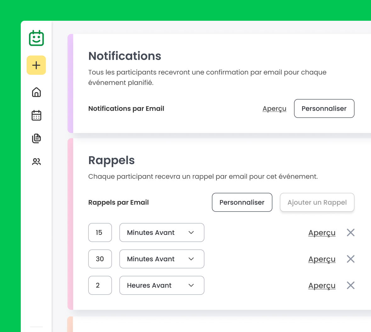Configuration des rappels et notifications automatisés dans Calfrenzy.