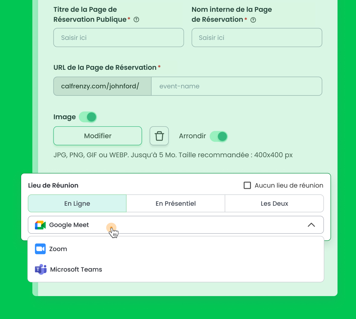 Interface de Calfrenzy affichant l’intégration de la visioconférence pour les rendez-vous.