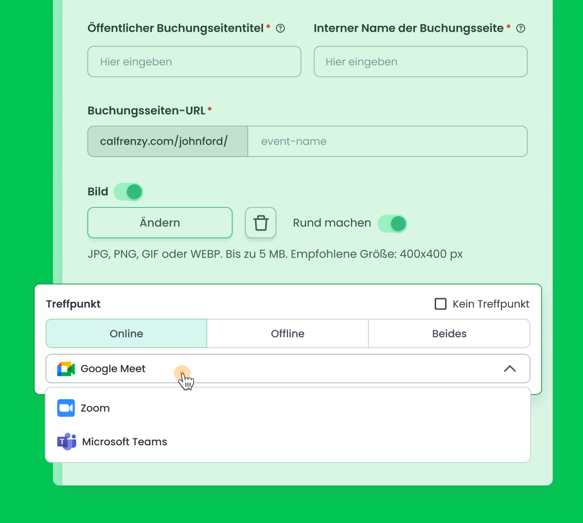 Calfrenzy-Oberfläche zeigt die Videokonferenz-Integration für Termine.