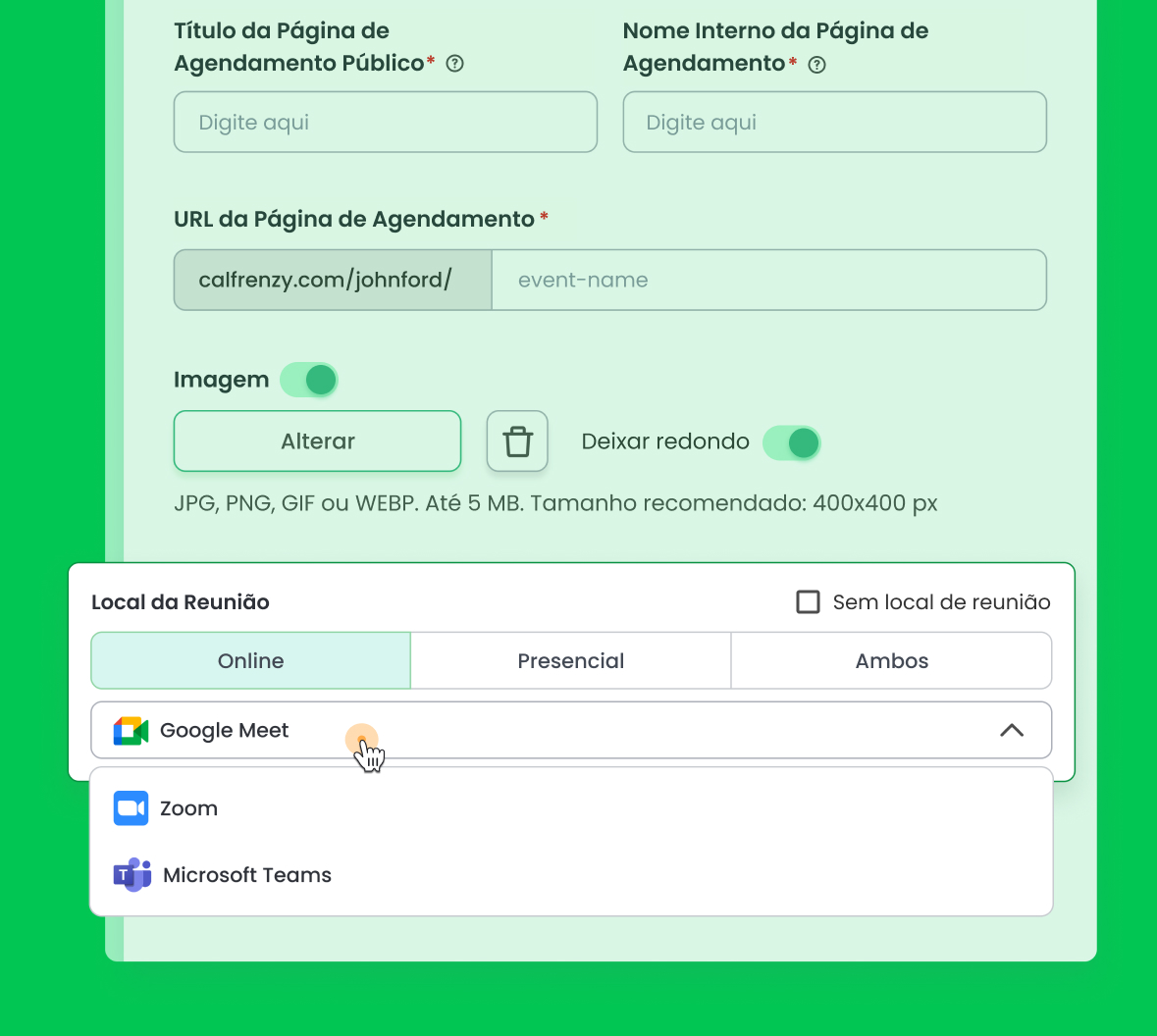 Interface da Calfrenzy exibindo a integração com videoconferências para compromissos.