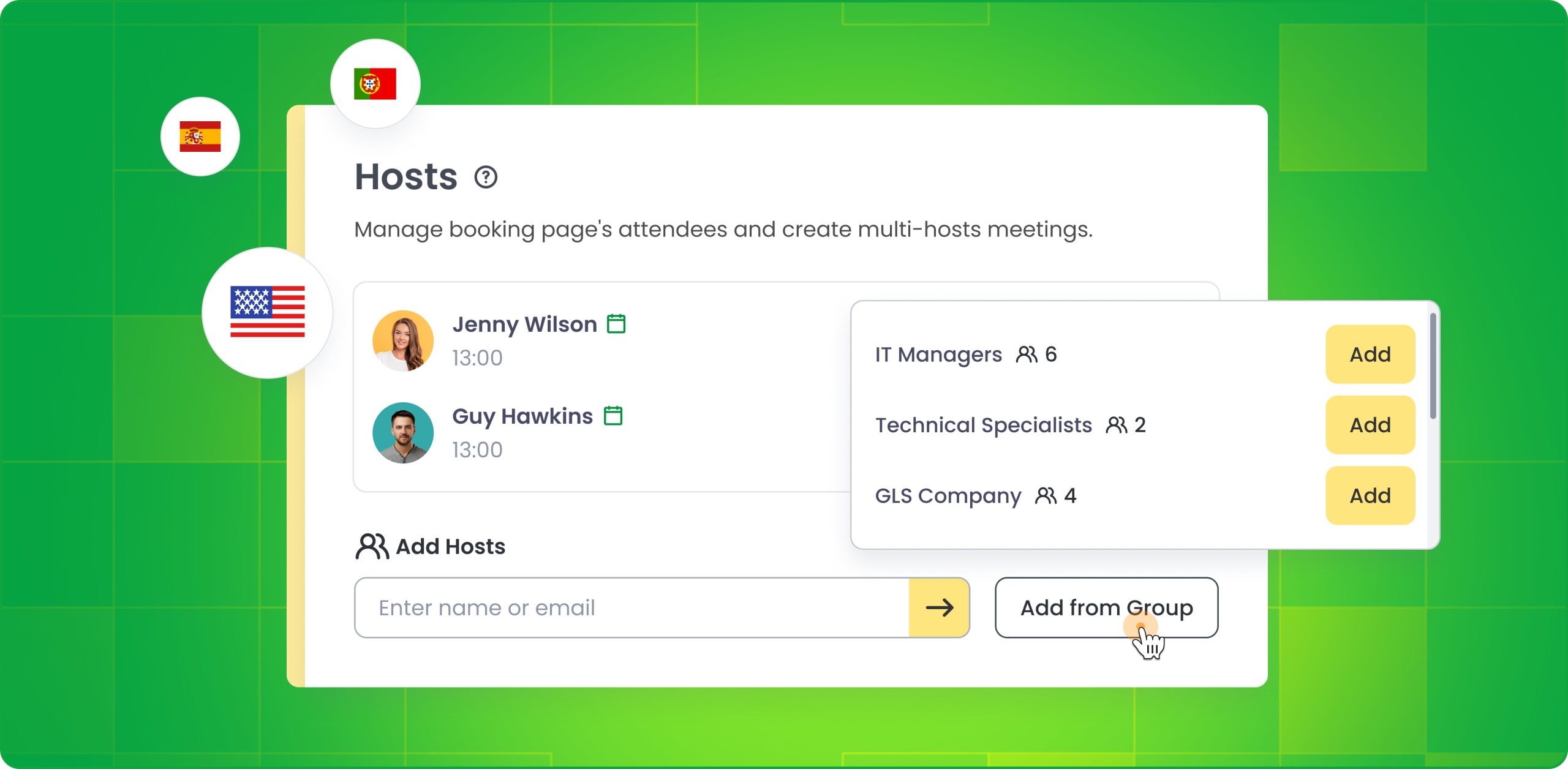 Add hosts from groups in Calfrenzy with multi-language support and real-time calendar syncing.