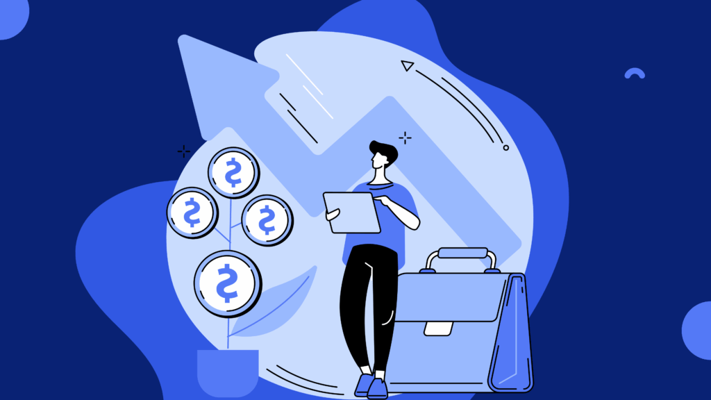 Illustration of a professional using a tablet to grow revenue, symbolizing business growth and client acquisition in 2025.