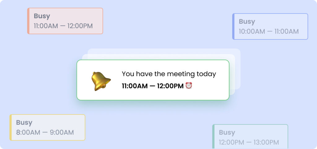Meeting confirmed at 11:00 AM–12:00 PM with busy time slots shown before and after.