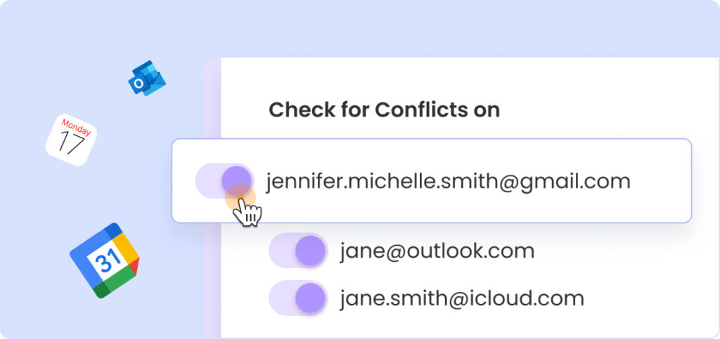 User selects a calendar to check for conflicts among multiple connected email accounts.