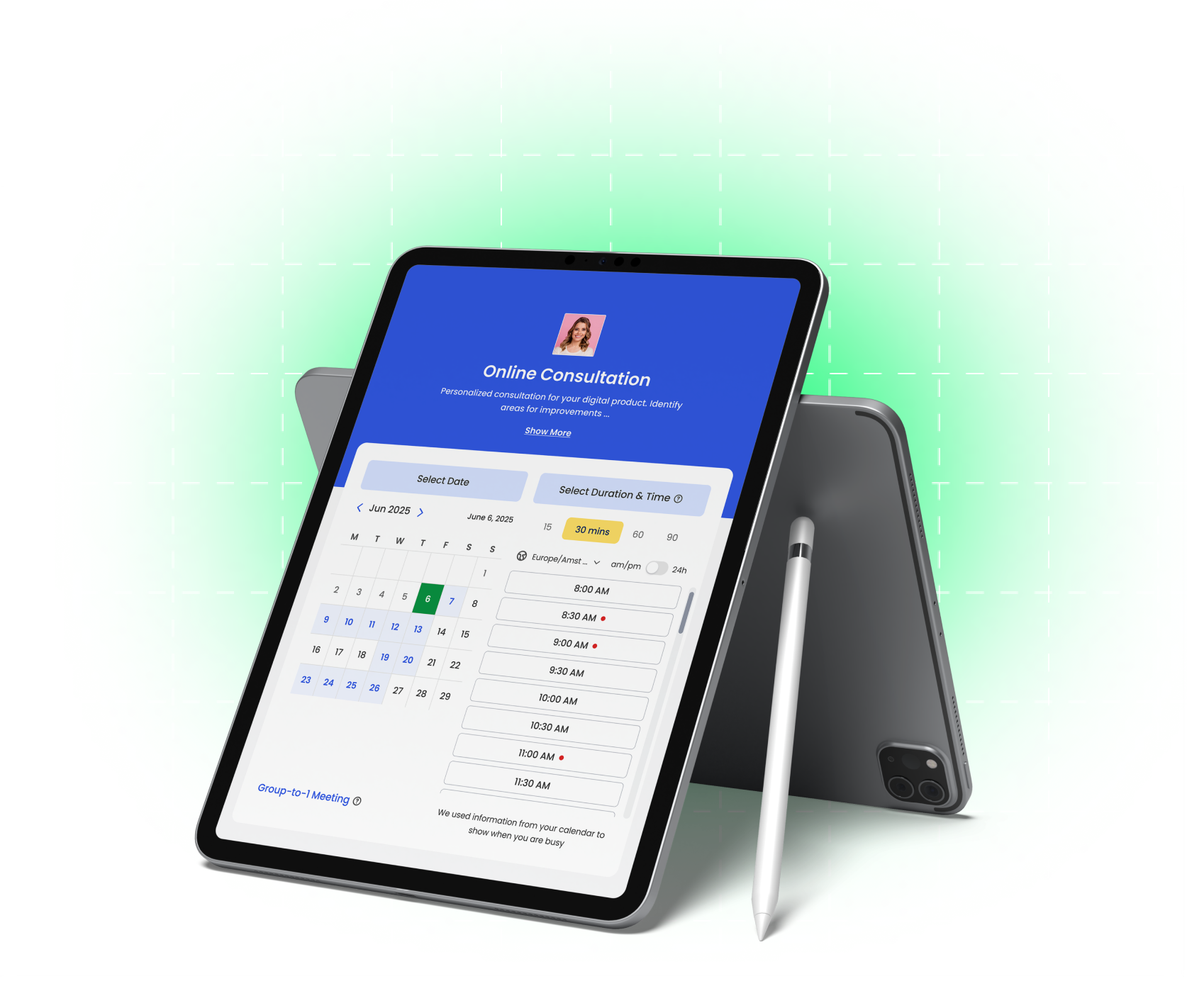Tablet displaying an online consultation booking interface with a calendar and time slot selector for June 2025, emphasizing an intuitive and professional scheduling experience.