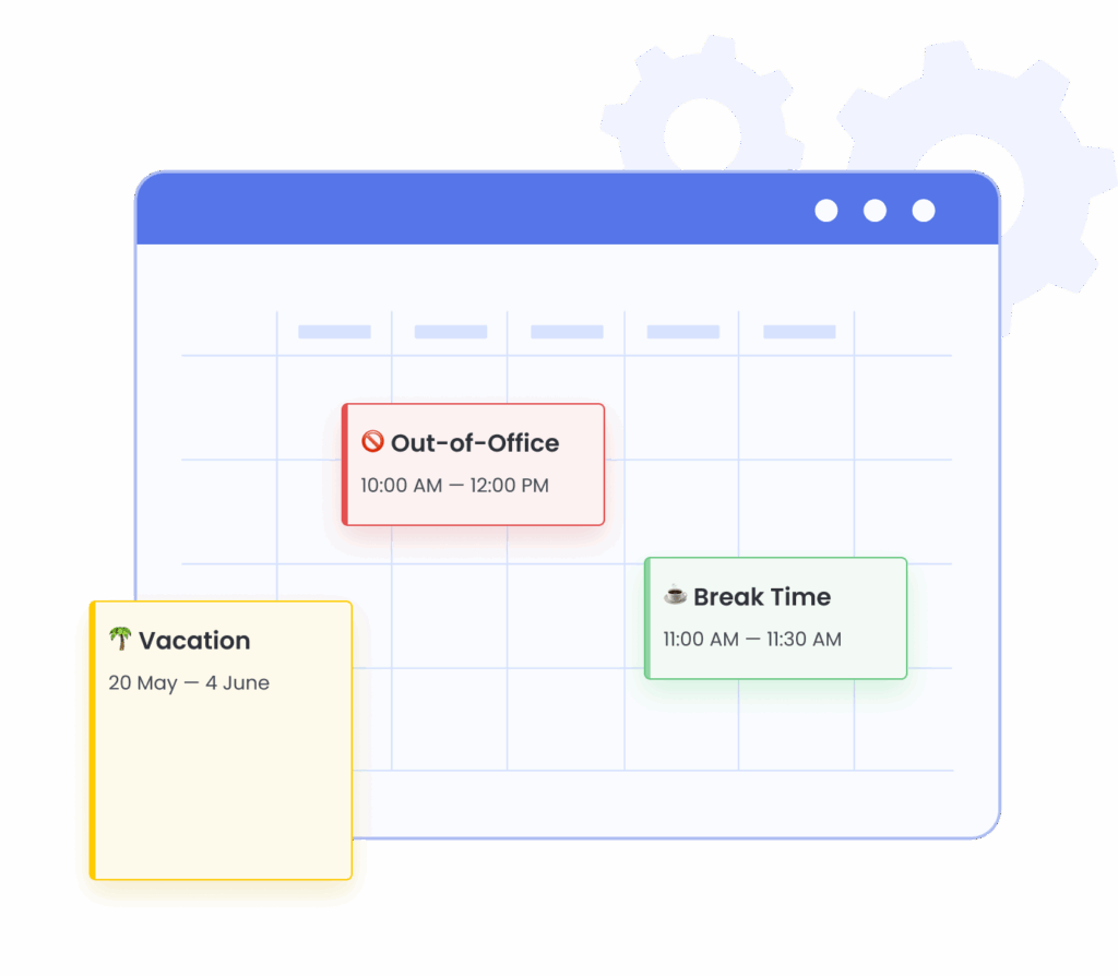 Calendar view showing Out-of-Office, Break Time, and a Vacation event from 20 May to 4 June.