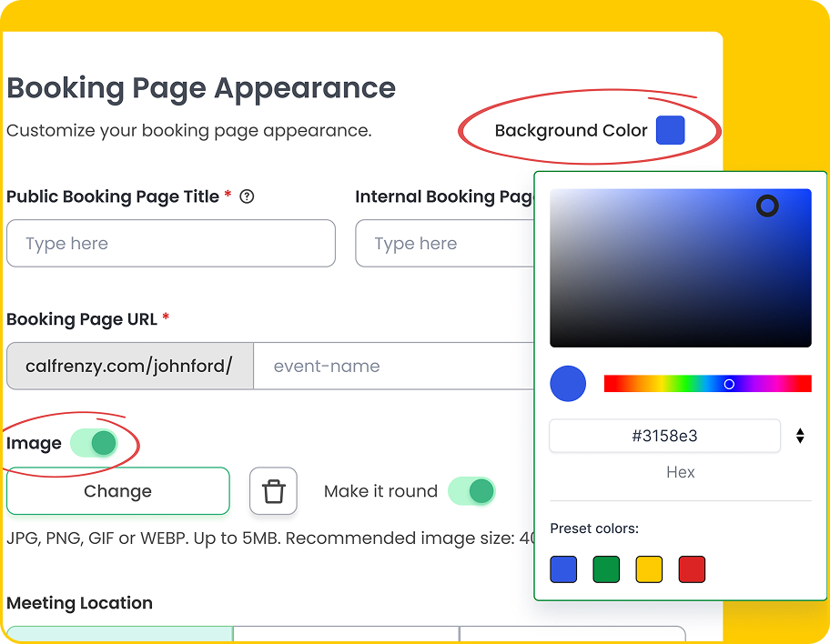 Calfrenzy booking page editor with a yellow background showing options to customize background color, upload a profile image, and edit the booking page URL.