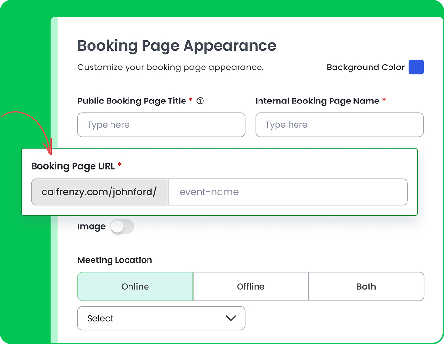 Calfrenzy booking page editor with a green background displaying the finalized booking page URL and toggles for selecting online, offline, or hybrid meeting locations.
