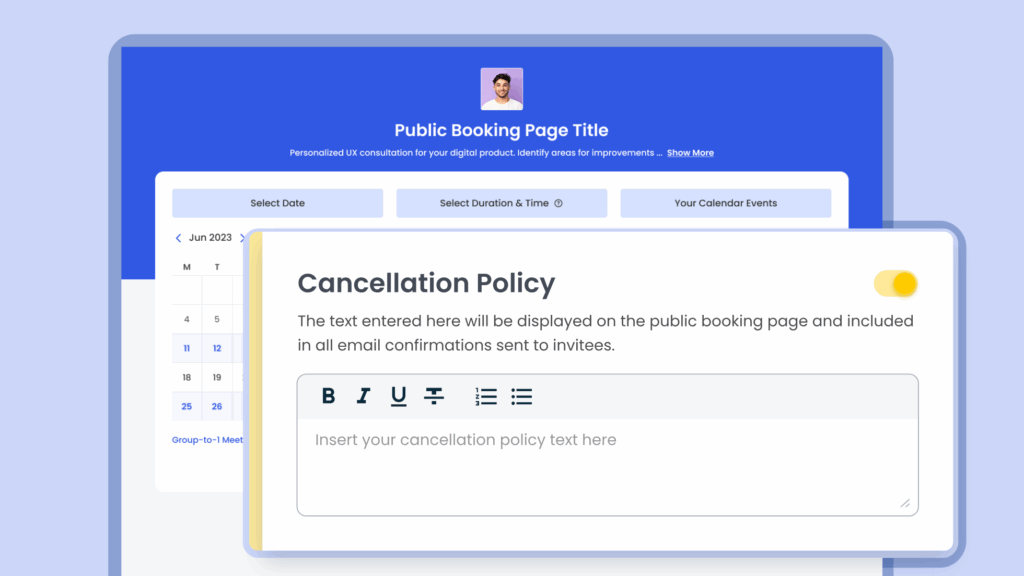 Booking page with calendar and editable cancellation policy text box for public display and email confirmations.