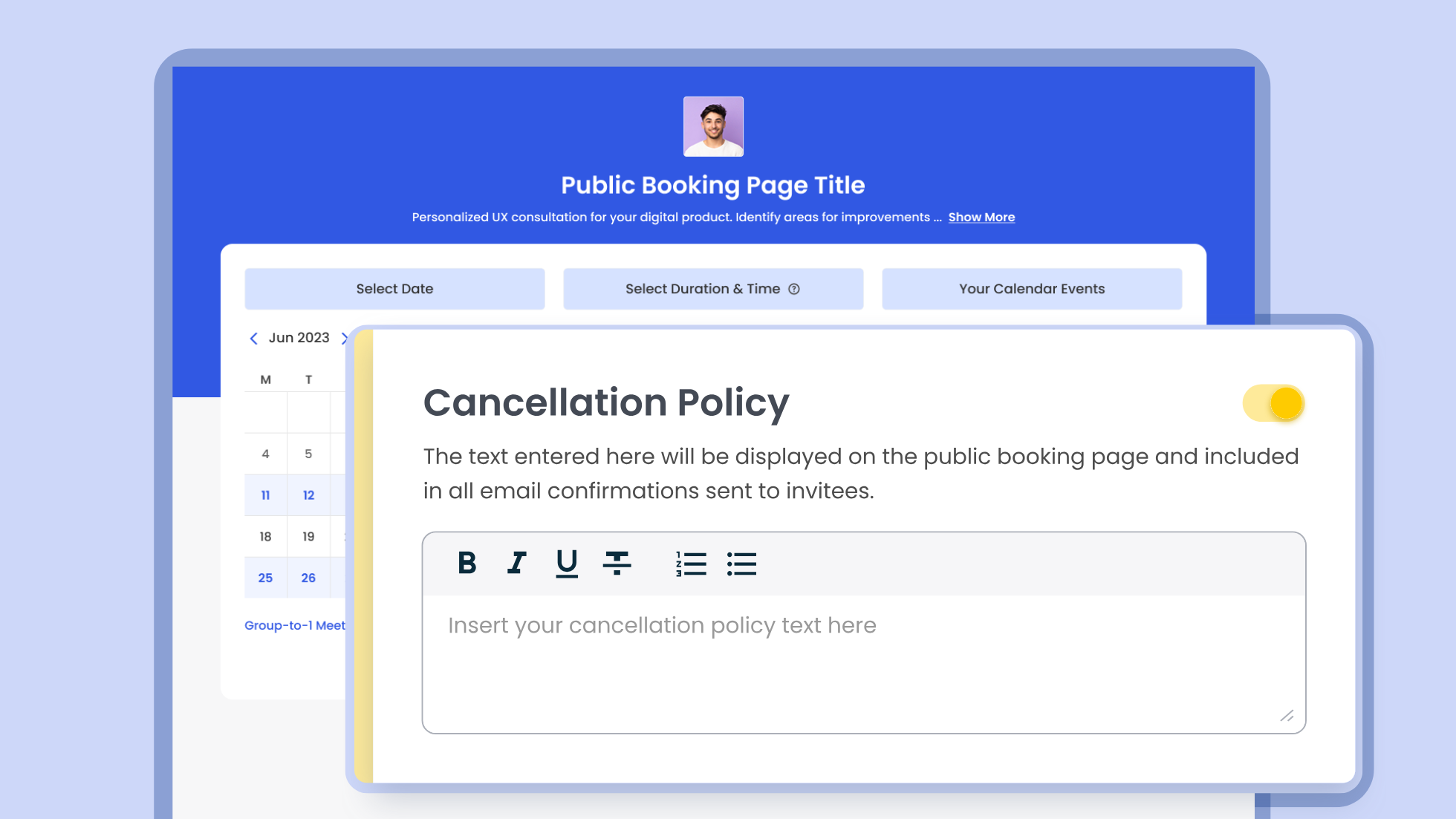 Booking page with calendar and editable cancellation policy text box for public display and email confirmations.