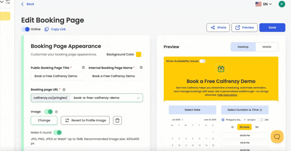 Edit booking page screen with options for title, URL, image, and preview of a Calfrenzy demo booking page.