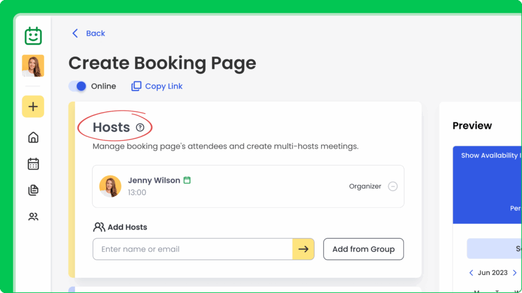 Create a booking page in Calfrenzy and add hosts or groups to organize multi-host meetings.