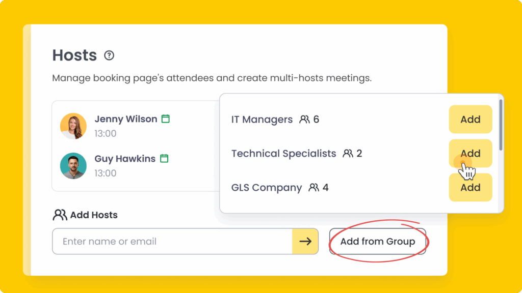 Add hosts to a booking page in Calfrenzy by selecting groups like IT Managers or Technical Specialists.