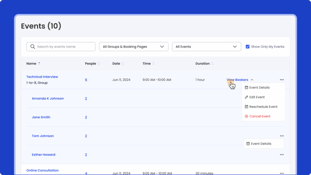 Calfrenzy event dashboard showing upcoming bookings with options to view, edit, reschedule, or cancel events.