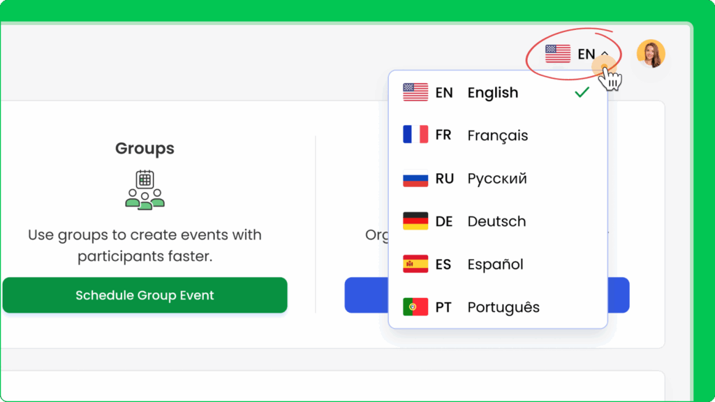 Language dropdown menu in Calfrenzy with options like English, French, Spanish, German, Russian, and Portuguese.