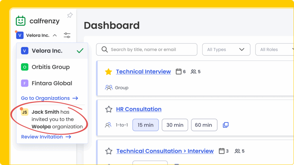 Calfrenzy dashboard showing multiple organizations and a pending invitation to join the Woolpa organization.