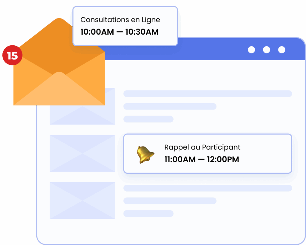 Boîte de réception avec 15 nouveaux messages, affichant une consultation en ligne et un rappel envoyé au participant.