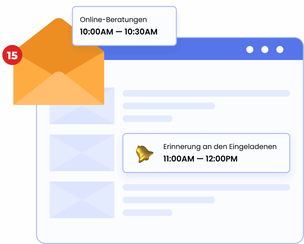 E-Mail-Posteingang mit 15 neuen Nachrichten, darunter eine Online-Beratung und eine Erinnerung an den/die Eingeladene:n.
