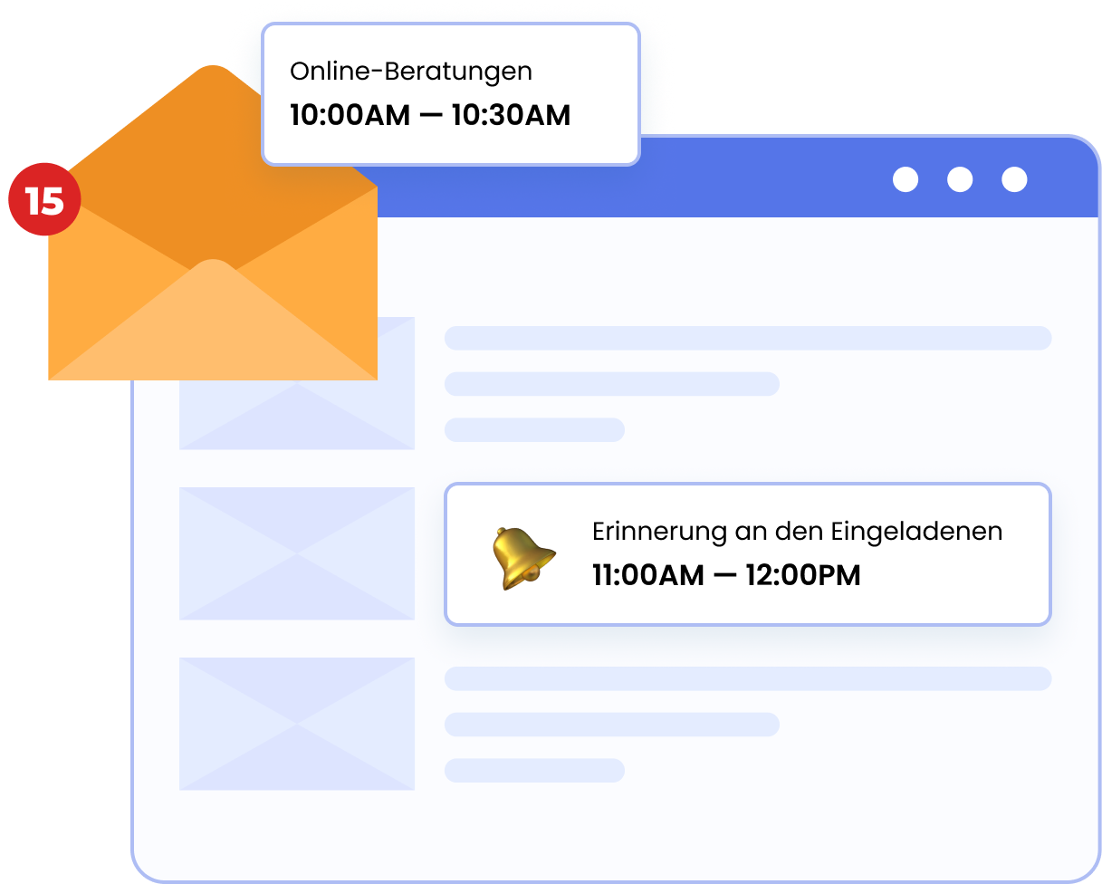 E-Mail-Posteingang mit 15 neuen Nachrichten, darunter eine Online-Beratung und eine Erinnerung an den/die Eingeladene:n.