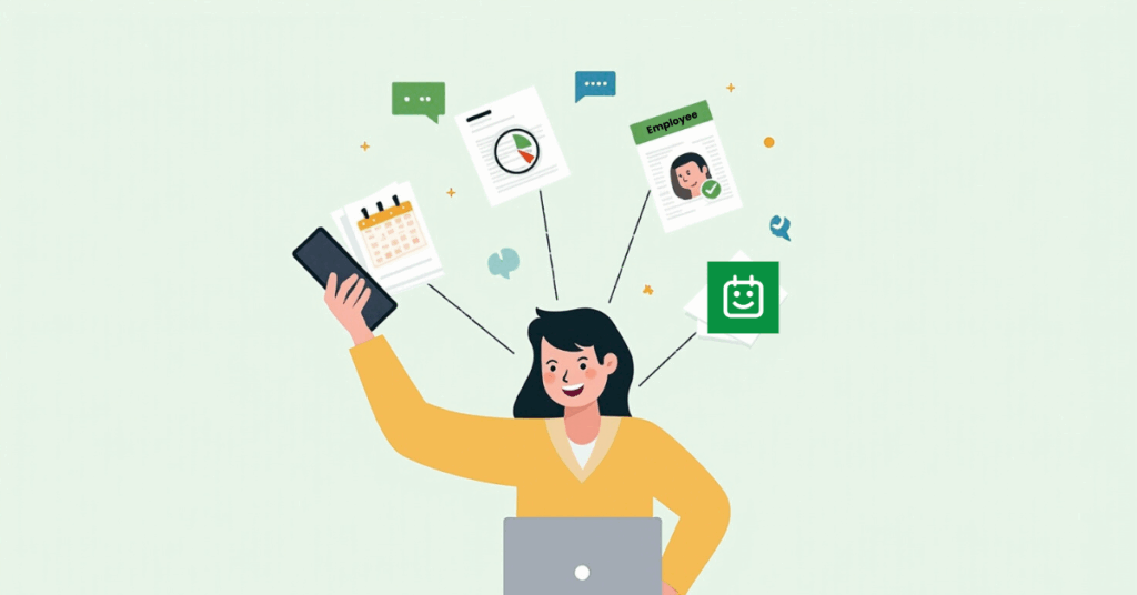 Illustration of a happy employee using a scheduling and productivity app on a laptop and smartphone, surrounded by icons for calendar, chat, employee profile, and analytics.