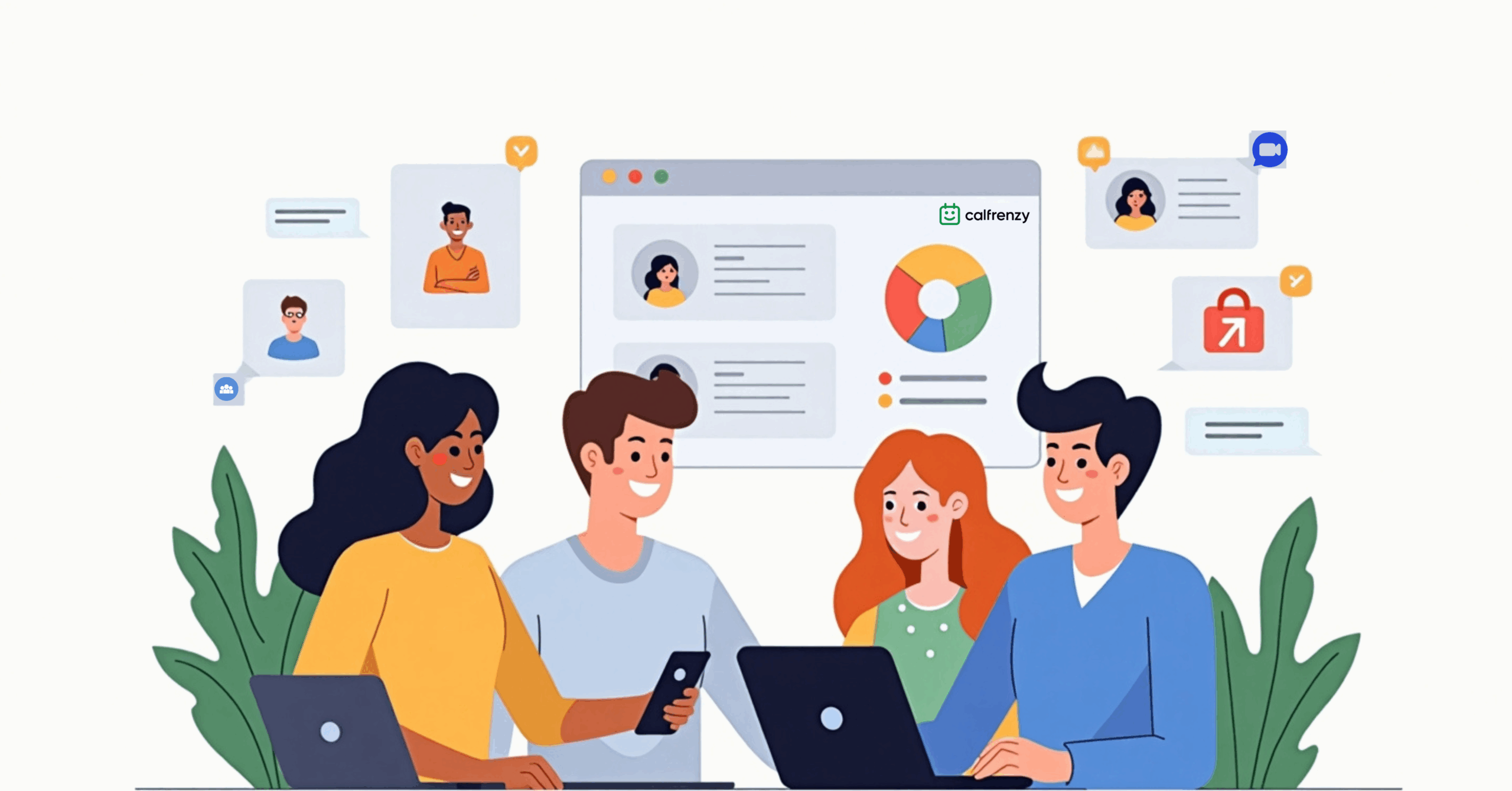 Illustration of a diverse team collaborating at a desk with laptops and mobile devices, discussing analytics and user profiles displayed on a large screen in the background.