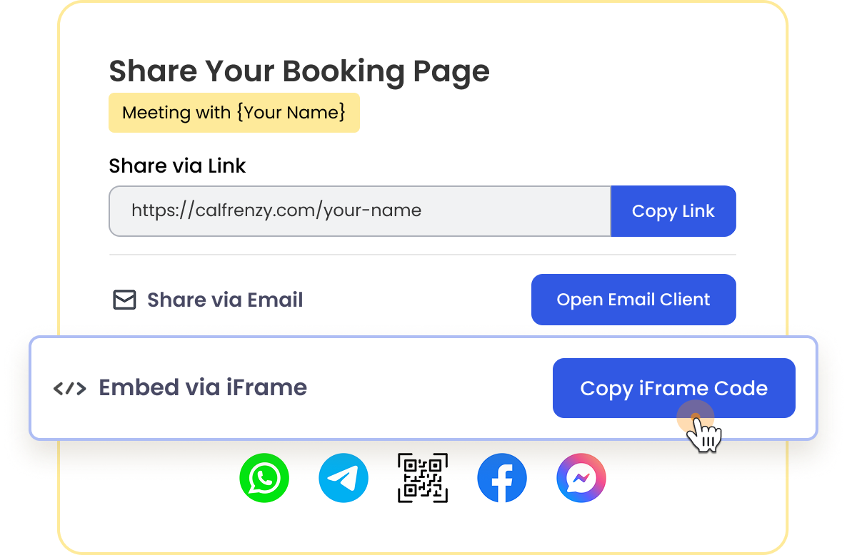 Calfrenzy interface for sharing a booking page, showing options to copy a link, share via email, embed via iFrame, or share via WhatsApp, Telegram, QR code, Facebook, and Messenger.”