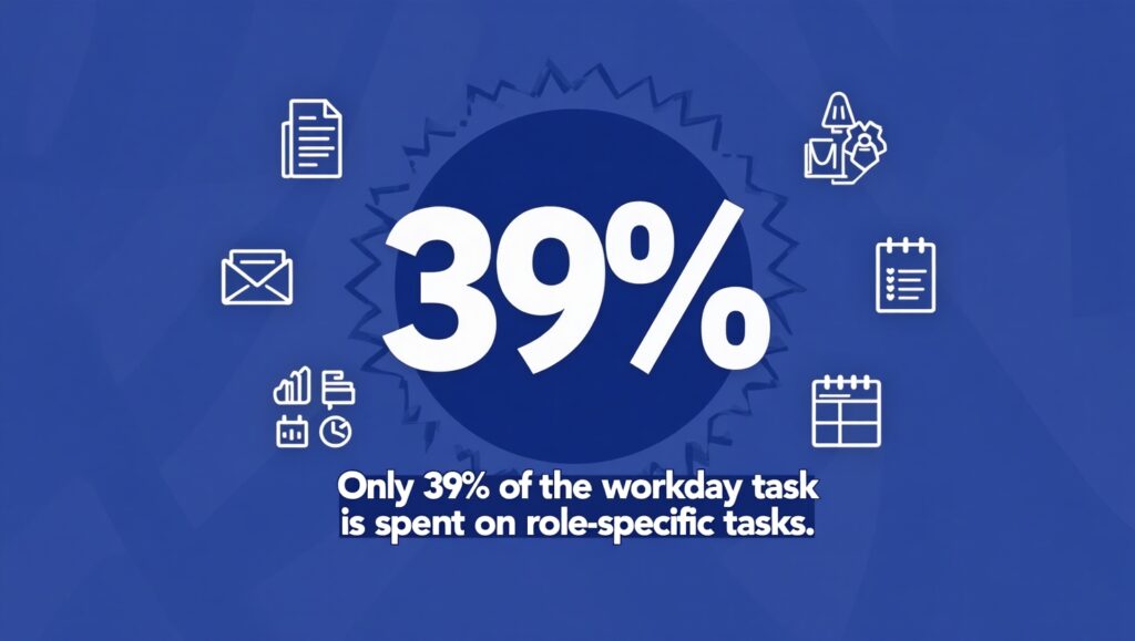 Infographic showing that only 39% of the workday is spent on role-specific tasks, with icons representing emails, meetings, documents, and reports around the statistic.