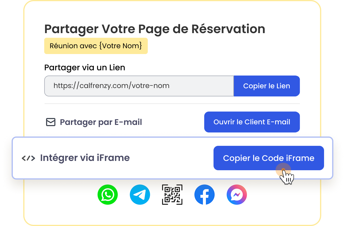 Calfrenzy interface for sharing a booking page, showing options to copy a link, share via email, embed via iFrame, or share via WhatsApp, Telegram, QR code, Facebook, and Messenger.”