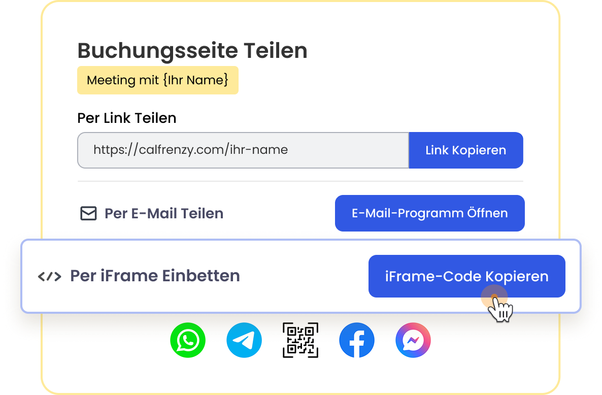Calfrenzy interface for sharing a booking page, showing options to copy a link, share via email, embed via iFrame, or share via WhatsApp, Telegram, QR code, Facebook, and Messenger.”