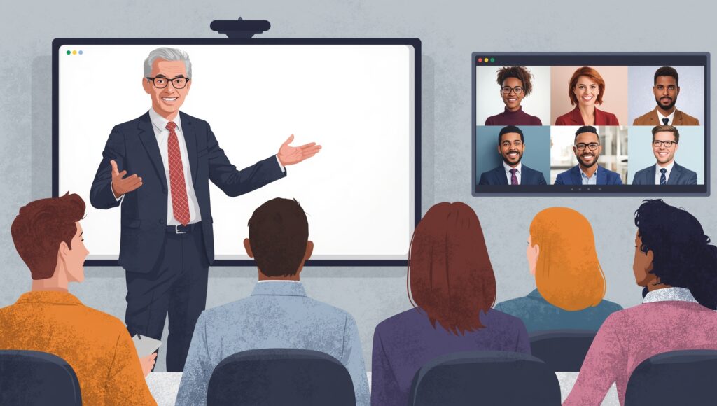 A modern digital illustration of a coach standing in front of a whiteboard or presentation screen, leading a session with a group of diverse individuals, either in-person in a sleek conference room or virtually through a video conferencing platform