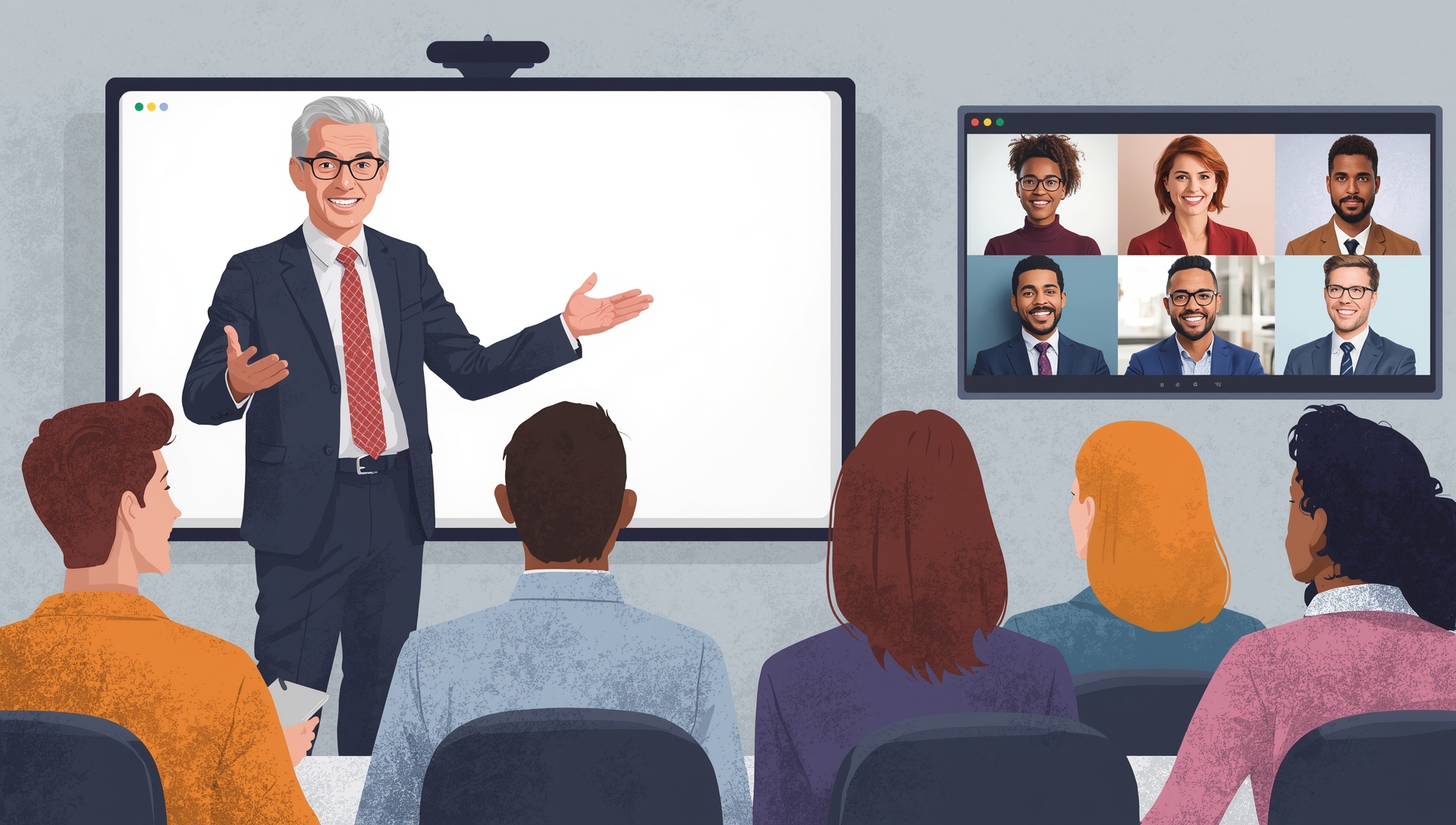 A modern digital illustration of a coach standing in front of a whiteboard or presentation screen, leading a session with a group of diverse individuals, either in-person in a sleek conference room or virtually through a video conferencing platform