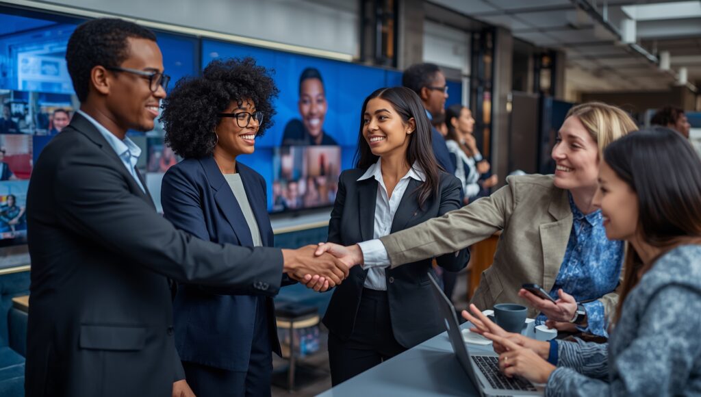Group of diverse professionals in business attire smiling and shaking hands during a networking or coaching event, with colleagues collaborating in the background.