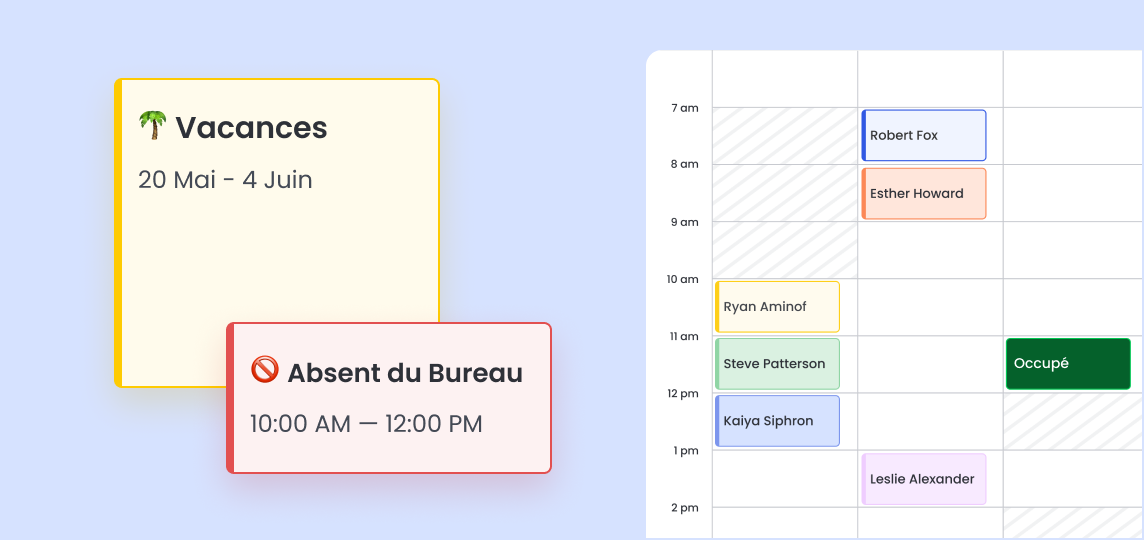Le calendrier affiche les vacances, les heures d’absence du bureau et les plannings d’équipe selon les créneaux horaires.