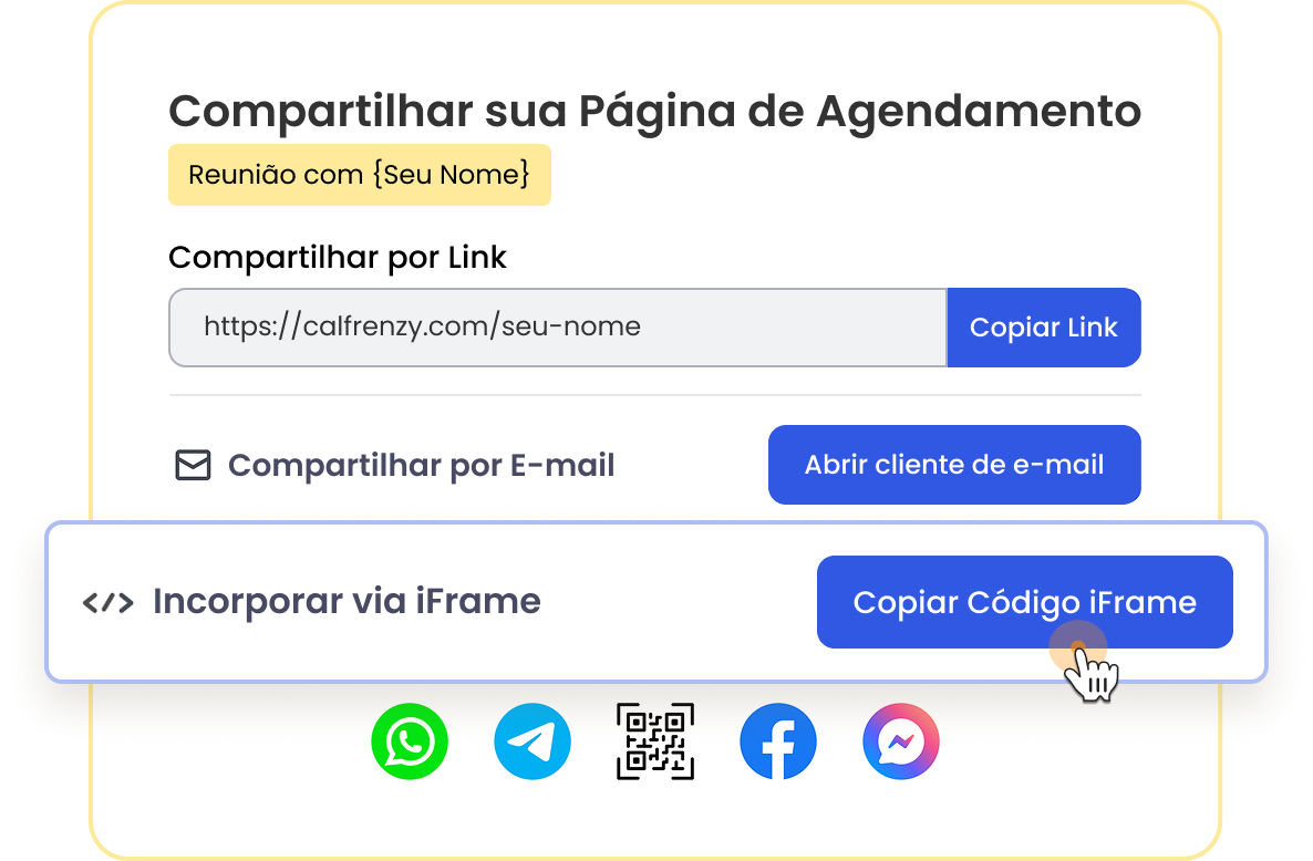 Calfrenzy interface for sharing a booking page, showing options to copy a link, share via email, embed via iFrame, or share via WhatsApp, Telegram, QR code, Facebook, and Messenger.”