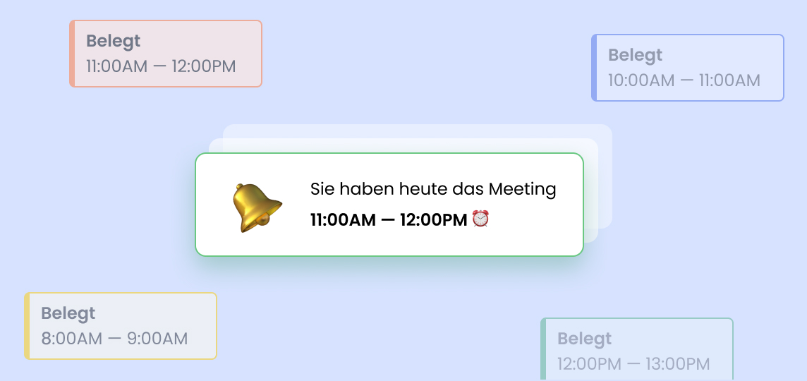 Meeting bestätigt von 11:00–12:00 Uhr, mit belegten Zeitfenstern davor und danach.