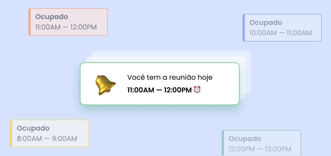 Reunião confirmada das 11h00 às 12h00, com horários ocupados exibidos antes e depois.